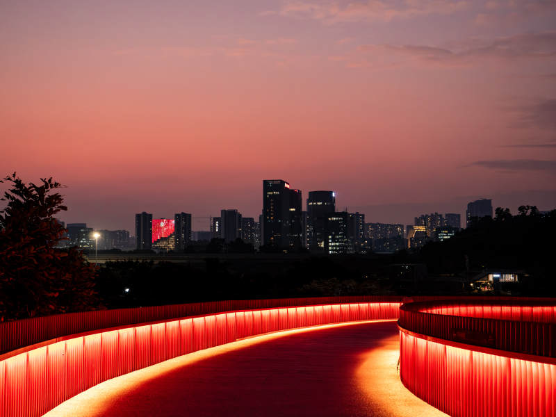 城市夜景与红色灯光桥图片