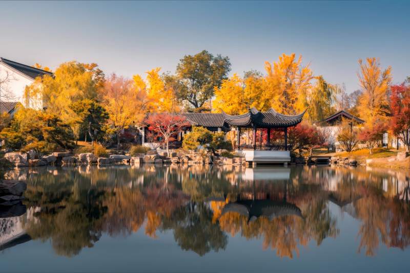 秋色映水 亭台倒影图片