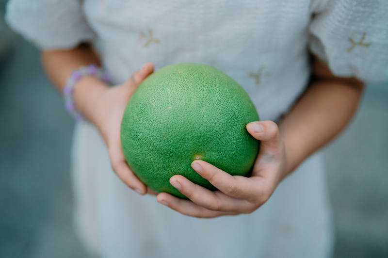 双手捧着绿色柚子果图片