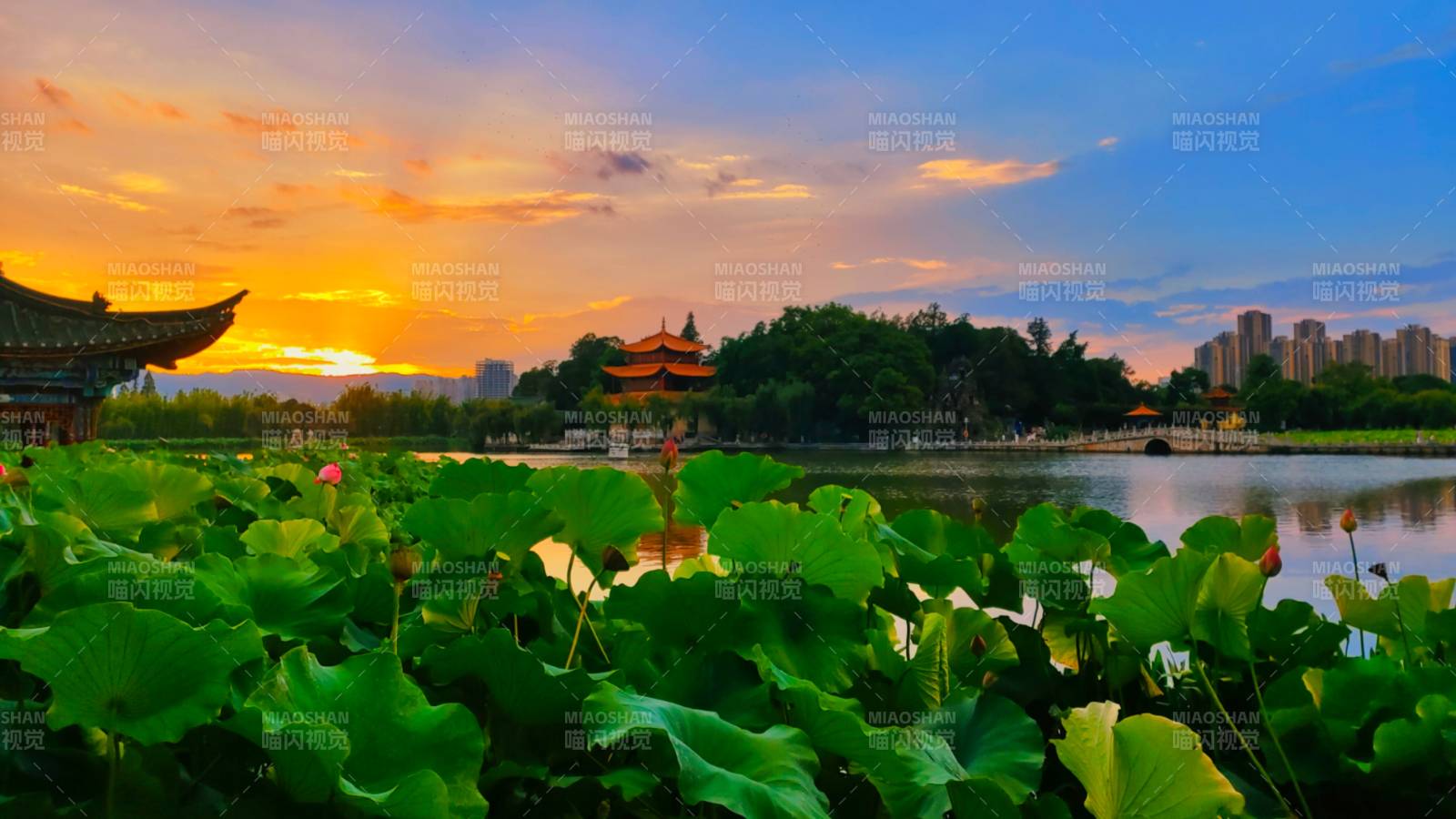 湖畔夕阳映大观楼图片