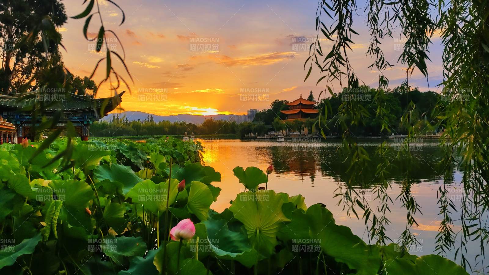 湖畔夕阳映昆明大观公园古亭图片