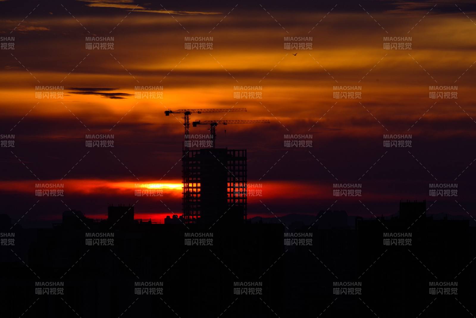 夕阳下的城市剪影图片