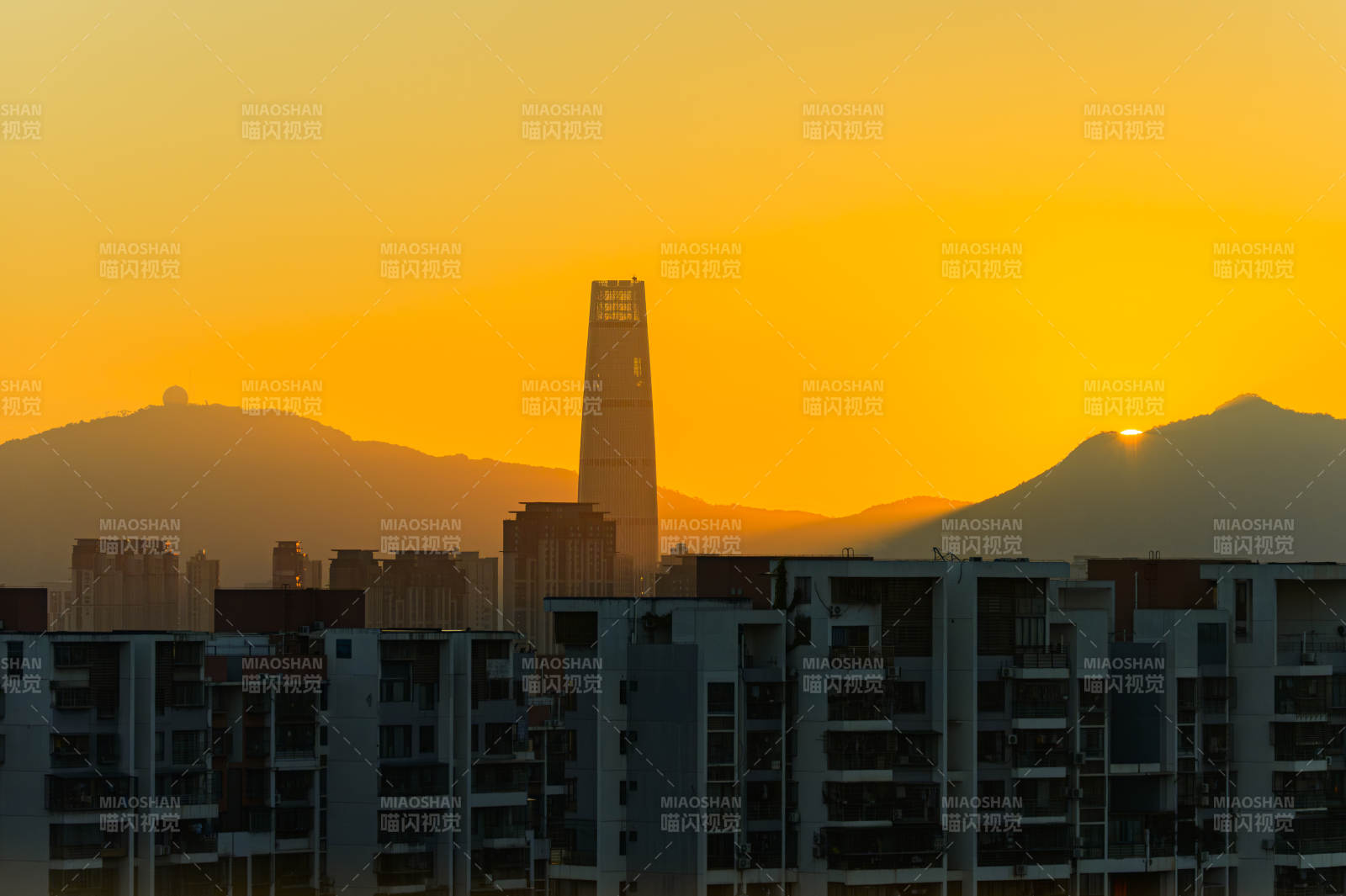 厦门白鹭西塔夕阳映照城市剪影图片