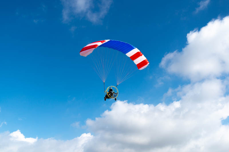 蓝天下的动力伞飞行图片