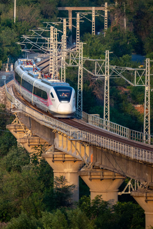 高速列车穿越高架桥图片