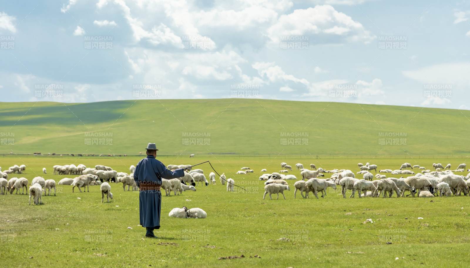 草原牧羊人与羊群图片