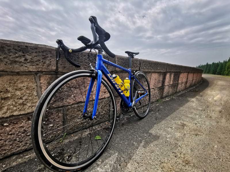 蓝色公路自行车停靠路边图片