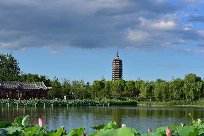 湖畔塔影 绿树成荫图片