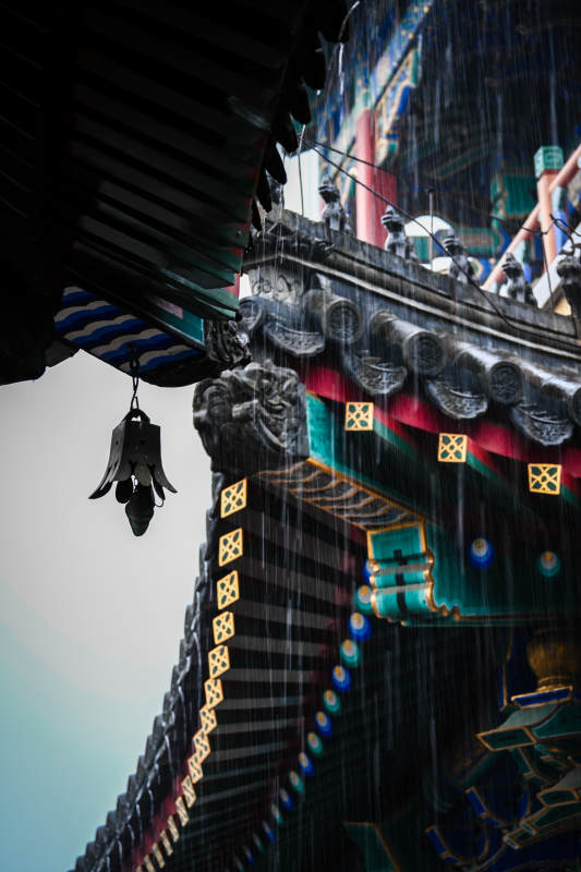 雨中古建筑的静谧之美图片