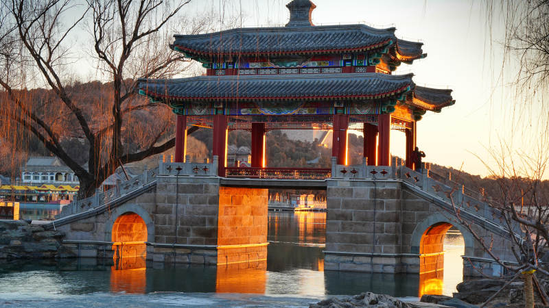 颐和园豳风桥朝阳景图片