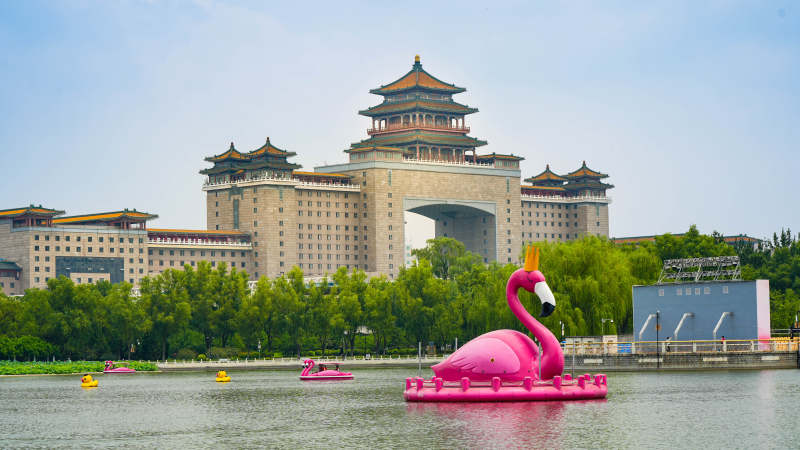 莲花池公园的湖畔粉色火烈鸟与北京西客站图片