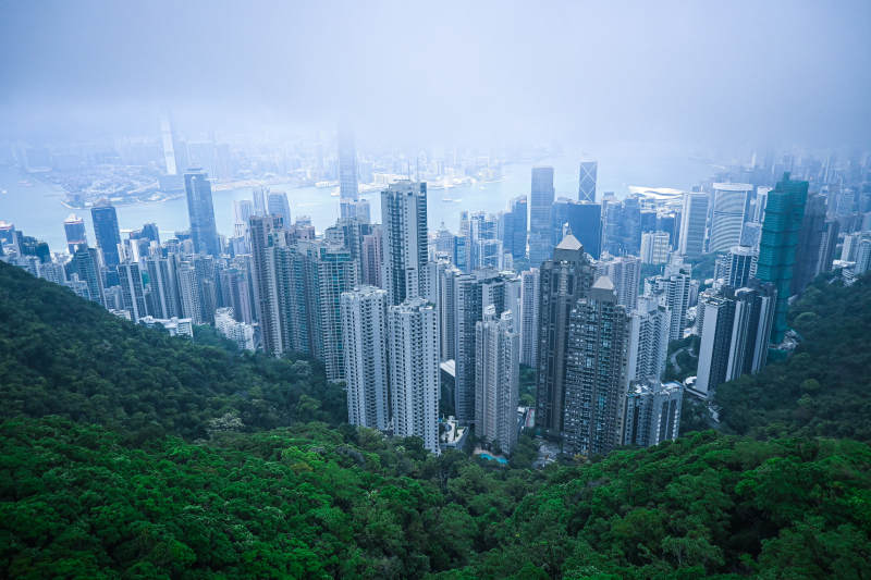 雾中城市高楼林立图片