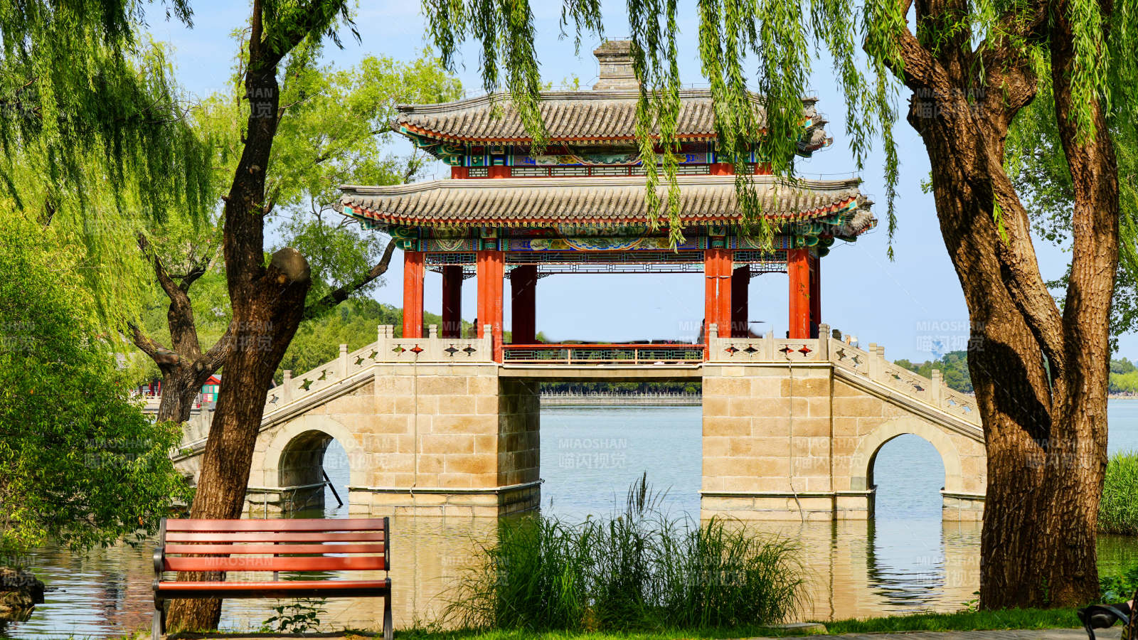 颐和园湖畔古亭 柳影婆娑图片