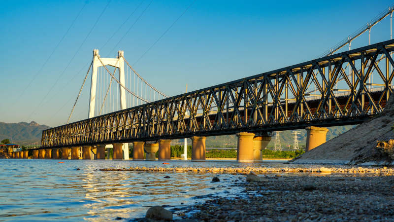 横跨北京与河北的怀来大桥跨河大桥夕阳美景图片