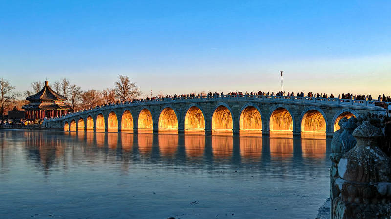 十七孔桥夕阳映照图片