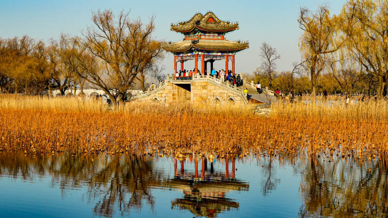 秋日颐和园廊桥倒影图片