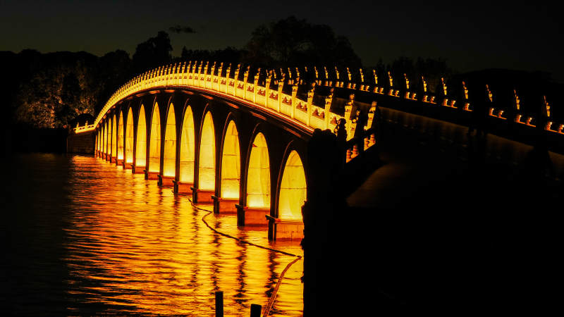 夜色中的十七孔桥灯火辉煌图片