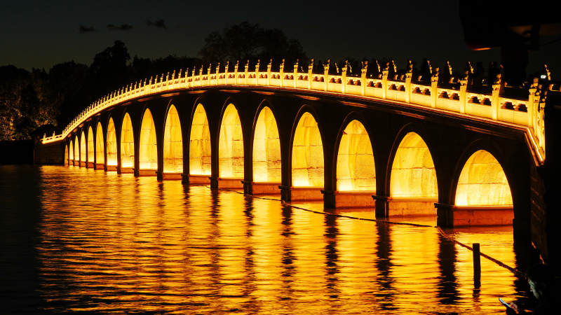 夜色中的十七孔桥光影倒映图片