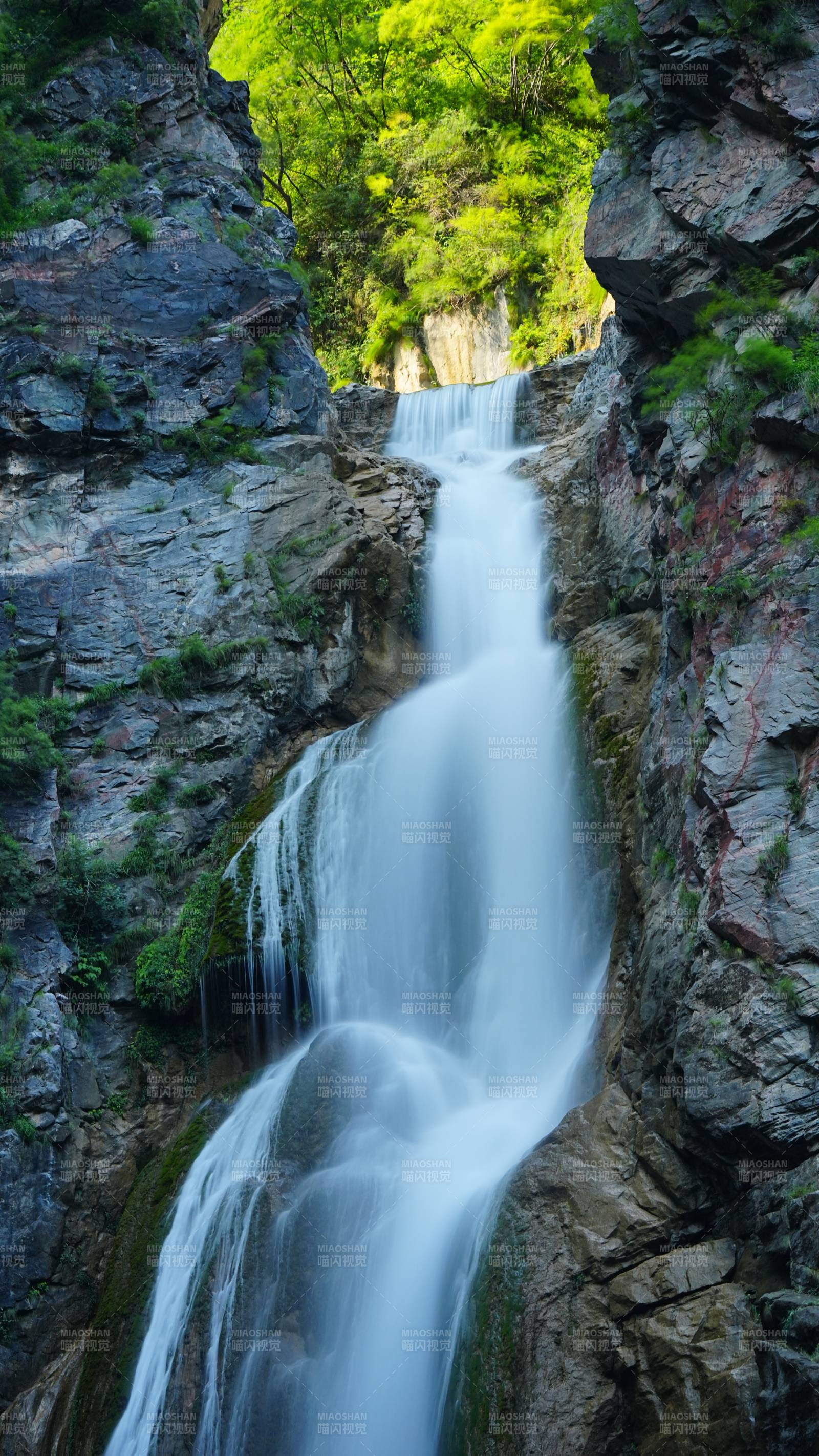 山间瀑布 绿树环绕图片