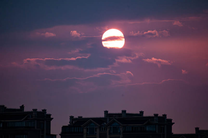夕阳西下 城市剪影图片