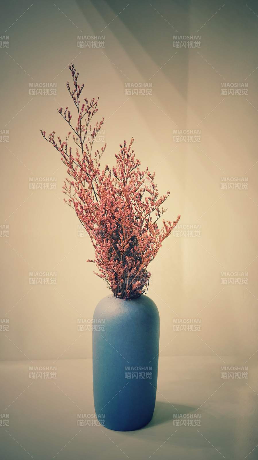 蓝色花瓶中的干花装饰图片