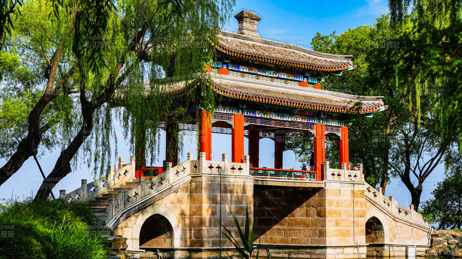 颐和园豳风桥古亭映柳 静谧雅致图片