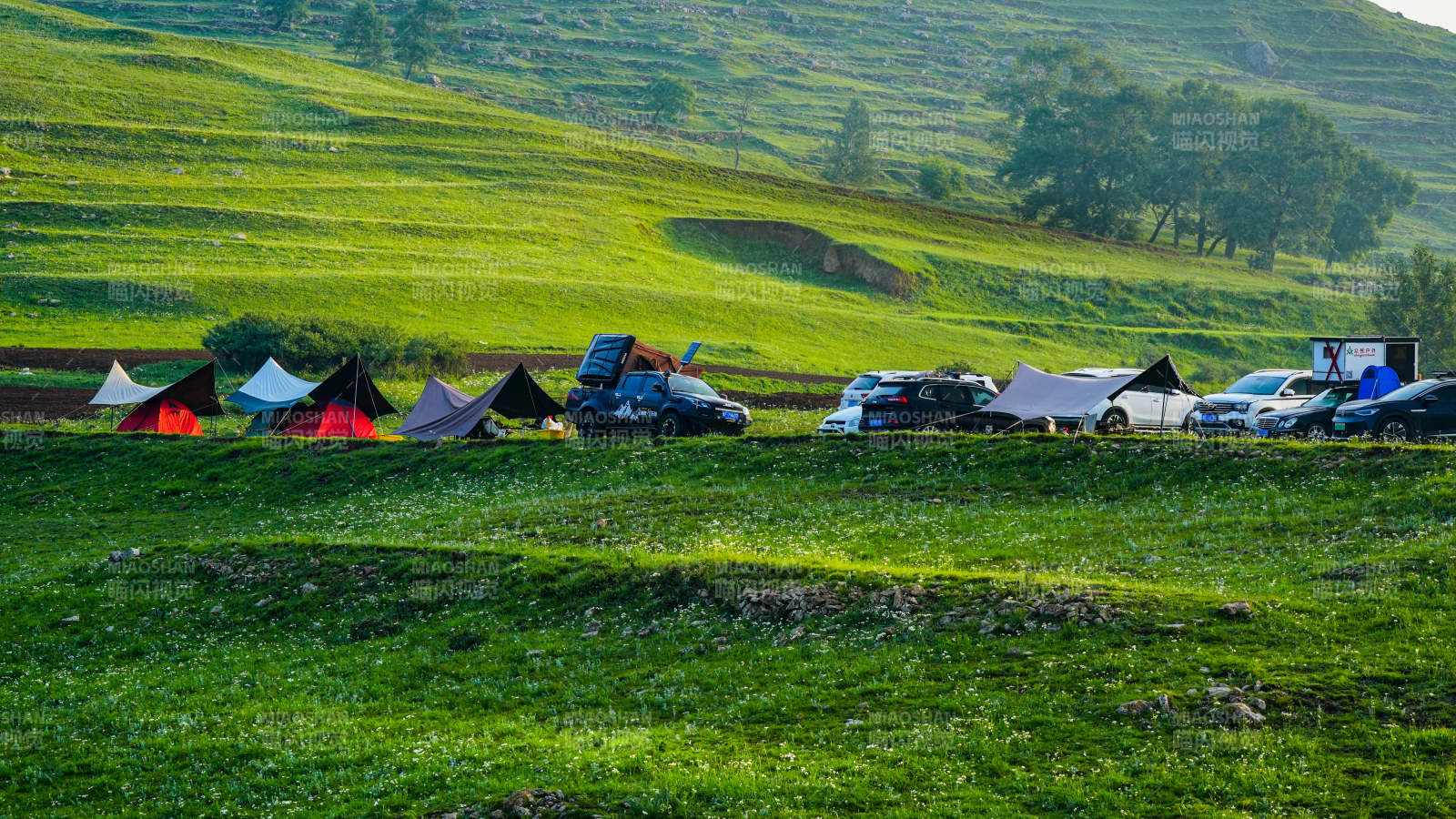 河北蔚县西刑岭村山上草原露营 帐篷与车影图片