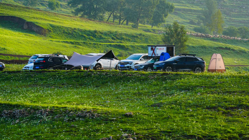 河北蔚县西刑岭村山上草原露营 车影成行图片