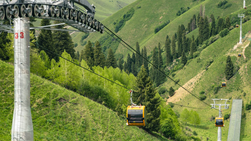 那拉提山间缆车穿梭绿林中图片