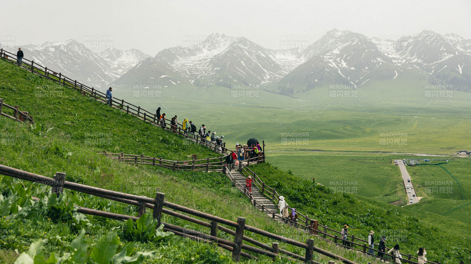 那拉提雪山下的绿色草原阶梯图片