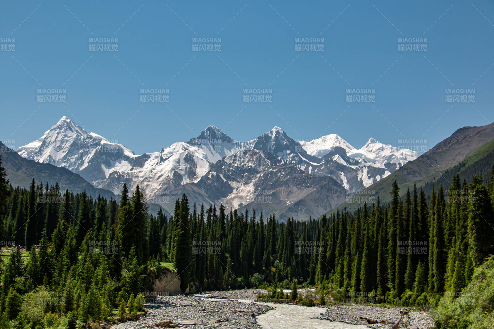 夏塔景区雪山森林溪流美景图片