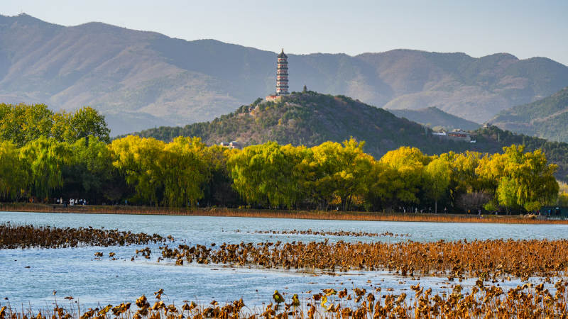 颐和园昆明湖畔秋色塔影山景图片