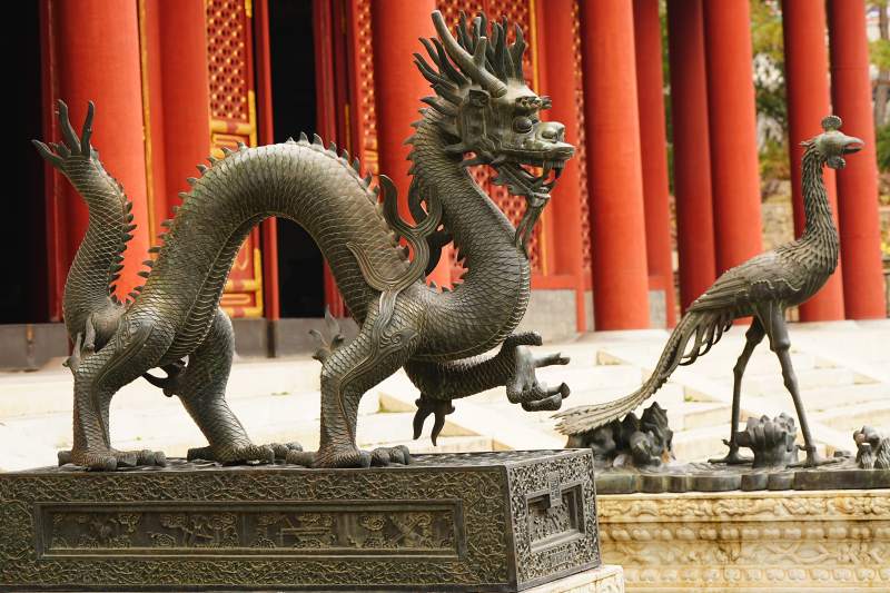 颐和园的仁寿殿前陈设的铜龙图片