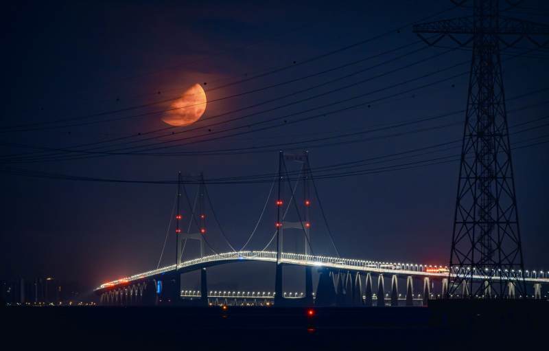 夜幕下的桥与月食图片