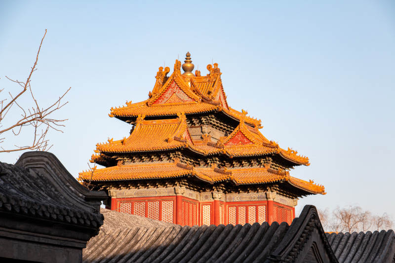 北京故宫角楼的金色屋顶图片