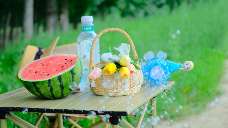 夏日野餐 西瓜与花篮图片