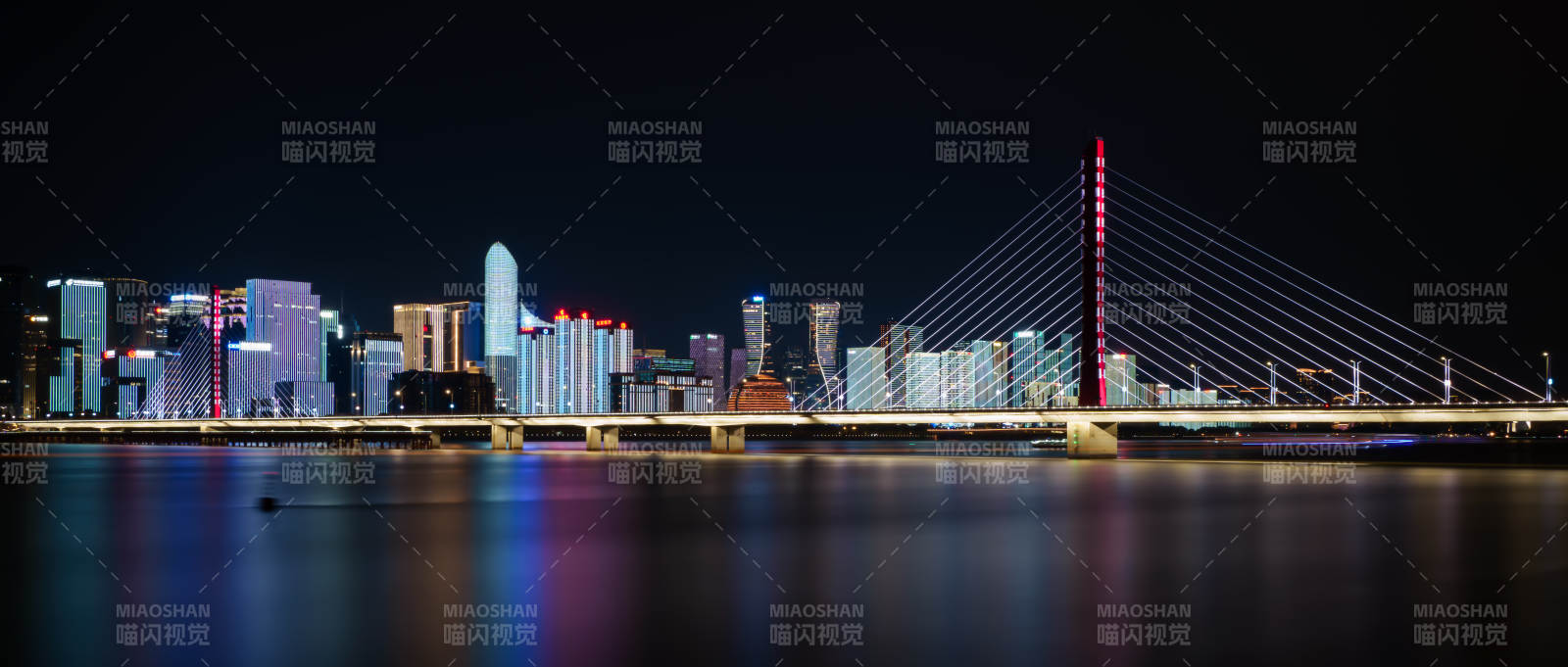 夜景城市灯光倒影桥 西兴大桥图片