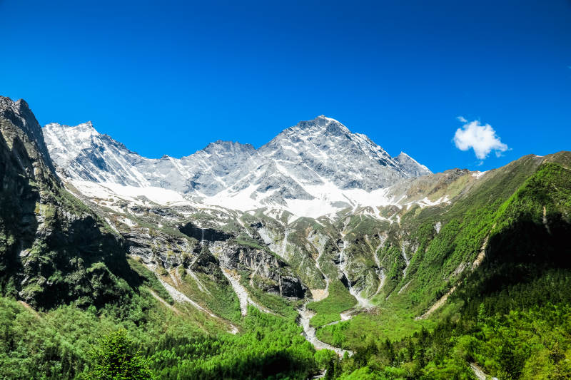 阿坝理小路雪山绿谷 蓝天白云图片