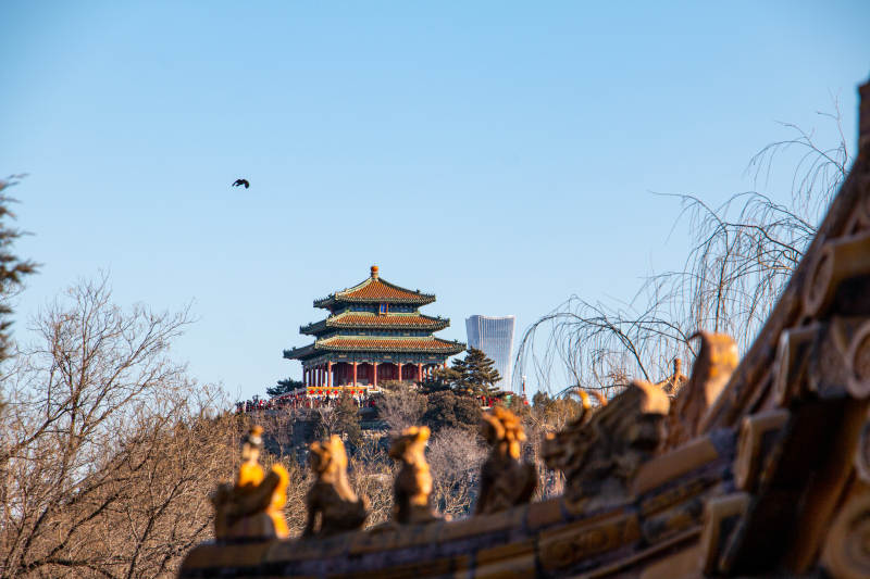 在北京北海公园眺望远处——景山公园万春亭图片