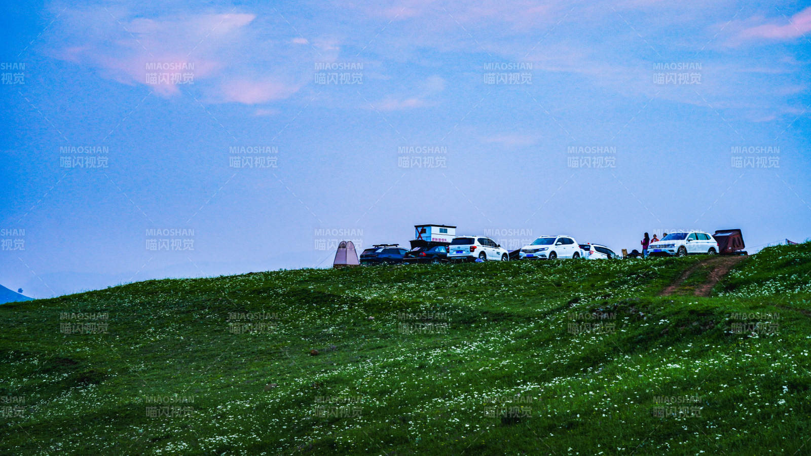 草原上的车影与蓝天图片