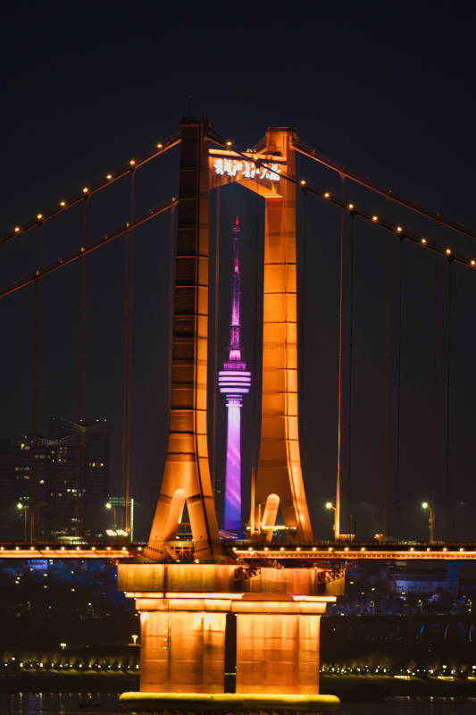 武汉夜景中的桥梁与塔楼图片