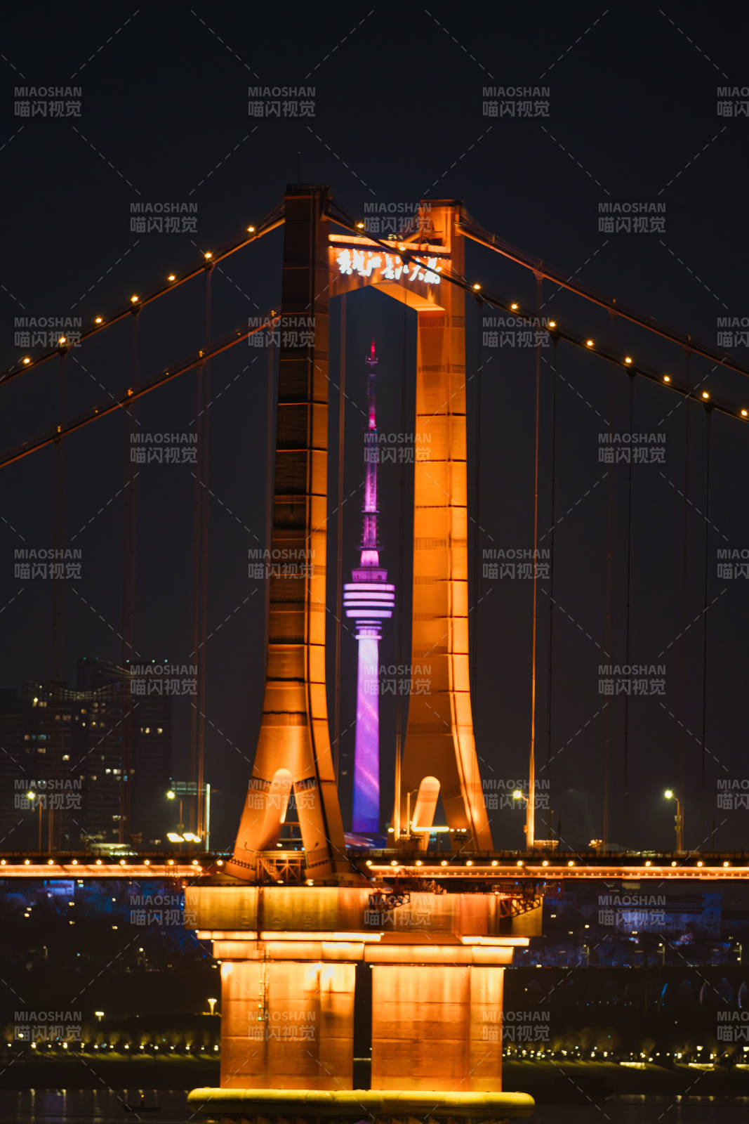 武汉夜景中的桥梁与塔楼图片