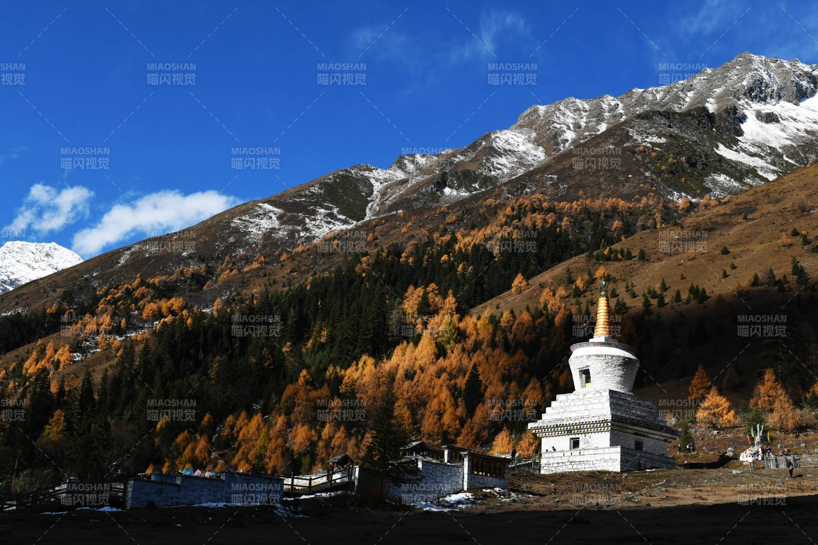 四川四姑娘山雪山下的白色佛塔图片