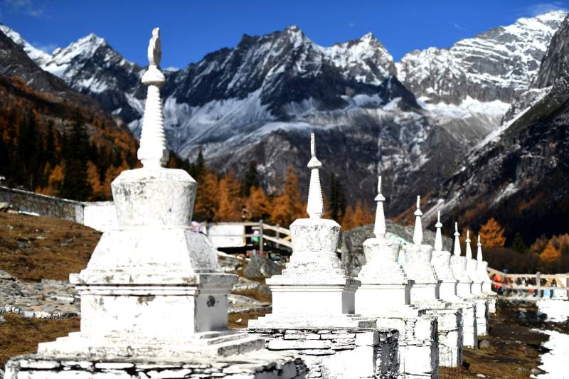 四川四姑娘山下的白色佛塔群图片