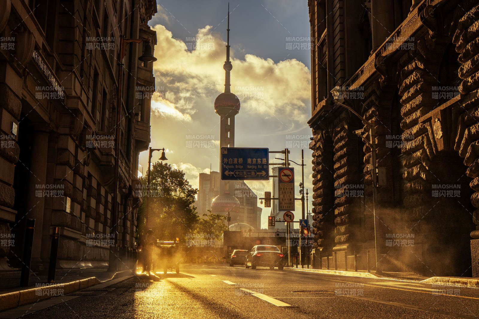 夕阳下的上海城市街景图片