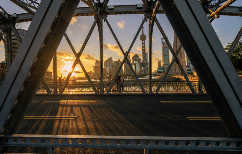 夕阳下的上海城市剪影图片