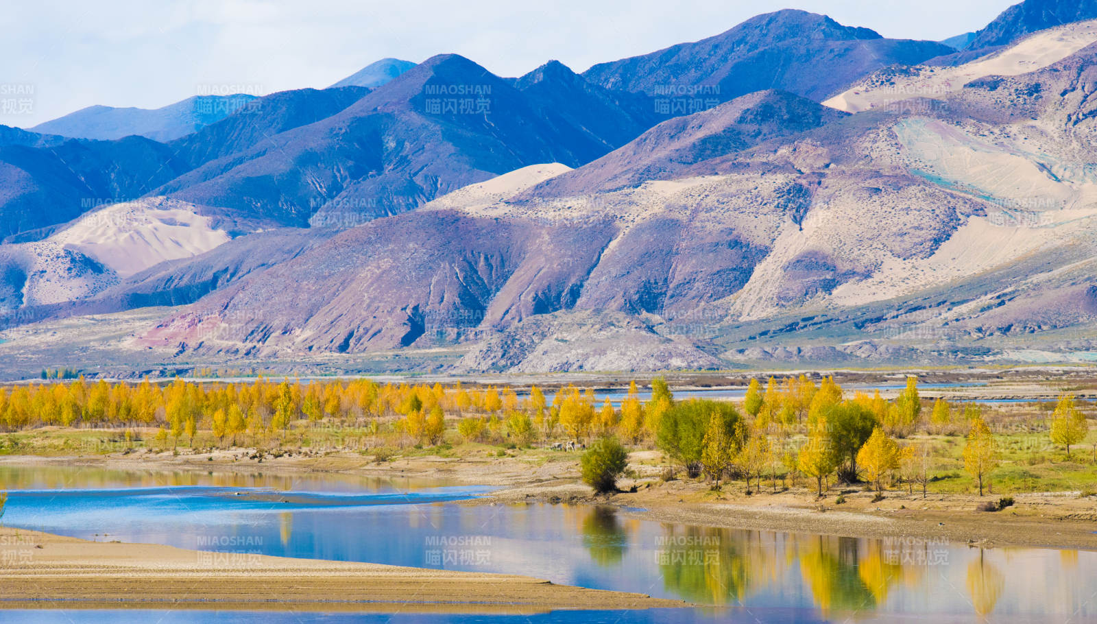 秋日山湖映黄林图片