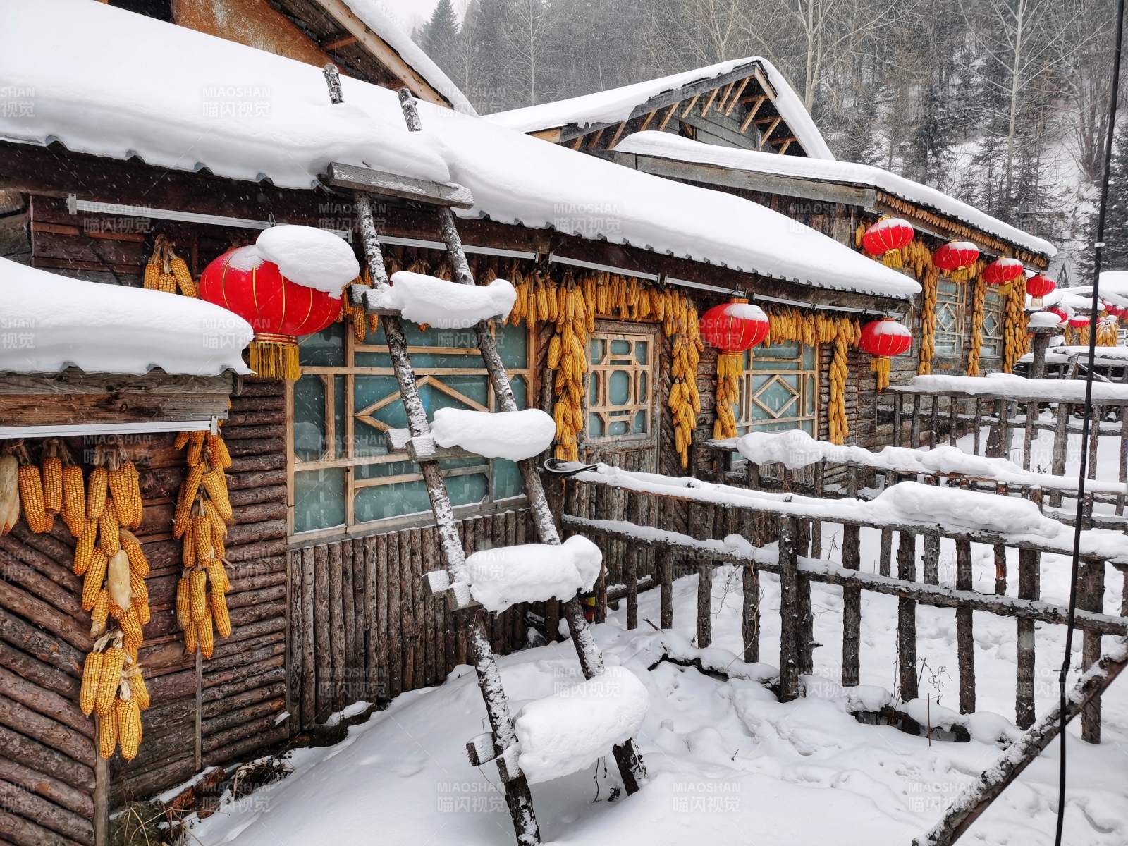 中国雪乡冬景 红灯映照丰收图片