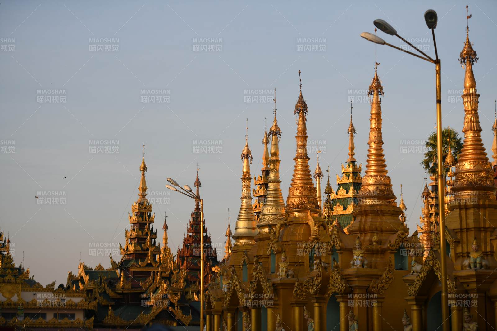 缅甸金色佛塔群落日余晖图片