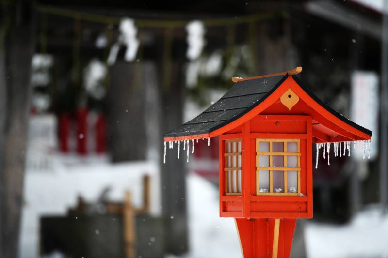 日本北海道雪中红灯笼 冬日静谧景图片